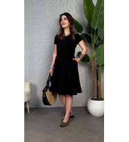 Kadın Kısa Kollu V Yakalı Beli Kuşaklı Ithal Keten Elbise