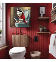 Tekli Kare Kanvas Banyo Tablosu Tabletle Oynayan Sibirya Kurdu