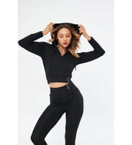 Lesa Wear Fitilli Kapüşonlu Içi Polarlı Yumuşacık Şardonlu Kaşkorse Crop Sweatshirt Hırka (Siyah)