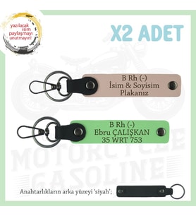 Motor Severlere Özel, İsim Plaka ve B Rh (-) Kan Grubu Yazılı x2 Anahtarlık, Yavruağzı-F Yeşil-Syh (Çok Renkli)