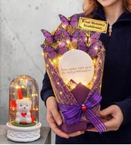 Kişiye Özel Aynalı Tasarım Led Işıklı Mor Kelebek Buketi (Led Işıklı Fanus Hediyeli) (Model 3)