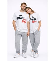 Sevgili Kombini Her Beast His Beauty Oversize Çift Tişört Unisex Partner Couple Kombin Seti (Beyaz)