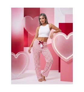 Kadın Viskon Pamuklu Pijama Altı Soft Örme Mevsimlik Ev Pantolonu Pembe Kalpli
