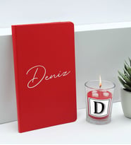 BK Gift Kişiye Özel İsimli Kırmızı Defter ve Cam Bardakta Kalp Figürlü Kokulu Mum Hediye Seti-2, Sevgiliye Hediye, Arkadaşa Hediye