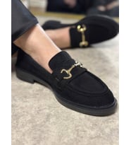Günlük Kadın Siyah Loafer Klasik Tokalı Oval Burunlu Makosen Ayakkabı 120 (Siyah Süet)