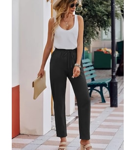 Kadın Beli Lastikli Keten Pantolon (Siyah)