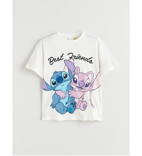 LCW Kids Beyaz Bisiklet Yaka Stitch Ve Angel Baskılı Kız Çocuk Tişört