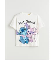 LCW Kids Beyaz Bisiklet Yaka Stitch Ve Angel Baskılı Kız Çocuk Tişört