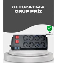 Akım Korumalı 8 li Priz 3 Usb li Uzatma Kablosu Isıya Dayanıklı 2 Metre