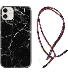 Apple iPhone 11 12 13 Mini Kılıf Boyun Asklı Rasta Silikon Fragile Black Mermer 1378