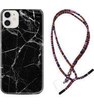 Apple iPhone 11 12 13 Mini Kılıf Boyun Asklı Rasta Silikon Fragile Black Mermer 1378