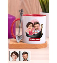 Çiftlere Özel Hediye Tek Taş Yüzük Temalı Karikatürlü Ahşap Altlıklı Kırmızı Kupa Bardak
