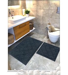 Pamuk Dokuma Su Emici Banyo Paspas Seti, Banyo Halısı Çiçek 2 Li Set 60x100-60x50 (ANTRASİT)