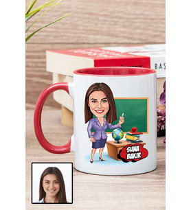 Kadın Öğretmene Hediye Kişiye Özel Karikatürlü Kırmızı Kupa Bardak