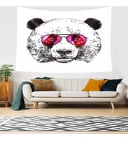 Gözlüklü Panda Desen Leke Tutmaz Kadife Dokulu Kumaş Duvar Örtüsü Duvar Halısı Tapestry (Beyaz-Pembe)