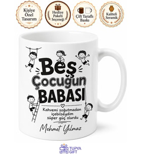 Beş Çocuk Babası Yazılı Esprili Kupa Bardak Babalar Günü Hediyesi