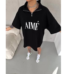 Unisex Yarım Fermuarlı Baskılı T-Shirt - Siyah
