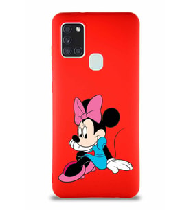 Samsung Galaxy A21S Soft Premier Kapak Minnie Mouse-E Tasarımlı Silikon Kılıf - Kırmızı (Şeffaf)
