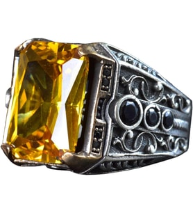 925 Ayar Gümüş Doğal Citrine Taşlı Erkek Gümüş Yüzük, Citrine Taşlı Erkek Yüzüğü, El Yapımı Oymalı Erkek Gümüş Yüzük, Türk Gümüş Yüzüğü, Sarı