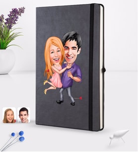 BK Gift Kişiye Özel Sevgililer Karikatürlü Siyah Termo Deri Defter 16x24cm Model 3