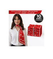 10’lu Ayyıldız Desenli Türk Bayraklı Kravat / Eşarp / Fular Set