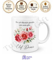 Gül Desenli Baskılı Kupa Bardak Hediye Özel Tasarım Porselen Mug