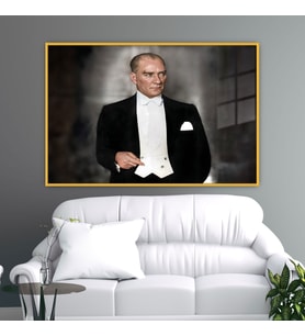 Metal Çerçeveli Yatay Cam Ofis Duvar Tablosu Kemal Atatürk (Gold)