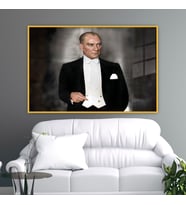 Metal Çerçeveli Yatay Cam Ofis Duvar Tablosu Kemal Atatürk (Gold)