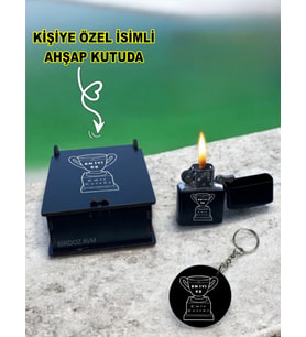 Kişiye Özel Isimli Sevgililer Günü Siyah Benzinli Çakmak Ve Anahtarlık Özel Ahşap Kutusunda