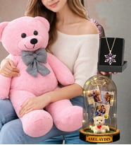 Pembe Peluş Ayıcık Size Özel Led Işıklı Fanus ve Gerçek Ametist Taşlı Lotus Kolye Seti (Model 3)
