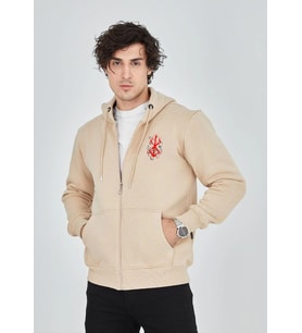 Erkek 3 İplik Pamuklu Kapüşonlu Tam Fermuarlı Cepli Hoodie Sweatshirt - Bej