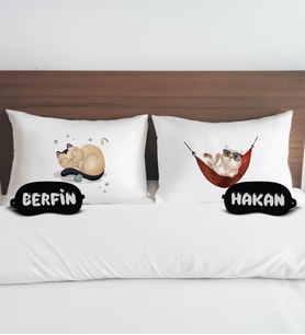 BK Gift Kişiye Özel Eğlenceli Kedi Tasarımlı Pamuklu Yastık Kılıfı ve Göz Bandı Çift Uyku Seti-2, Tasarım Ev Tekstili, Uyku Bandı, Ev Hediyesi