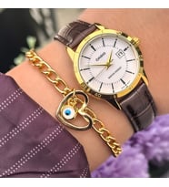 Casio Marka, Kahverengi Deri Kordon, Mini Kasa Takvimli Kadın Kol Saati+Nazar Boncuklu Bileklik