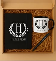 BK Gift Kişiye Özel İsimli Siyah Defter & Kalem & Kupa Hediye Seti-1  Babalar Günü Hediyesi, Erkeklere Özel Hediye