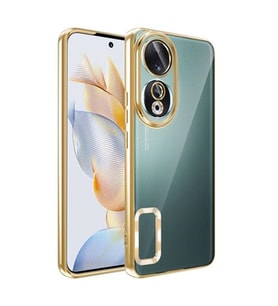 Coverzone Huawei Honor 90 ile uyumlu K?l?f Kamera Korumal? Logo G�steren Parlak renk kenar �izgileri ile ??k bir tasar?m Colored Z-Omega Kapak Gold