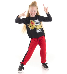 Rock Kedi Kız Çocuk Pantolon T-shirt Takım (Kırmızı-Siyah)