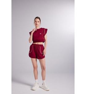 Beli Lastikli Kontrast Dikişli Mini Rhode Şort Bordo
