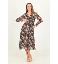 Neşeli butik kadın kahverengi desenli midi boy şifon elbise RSSN15