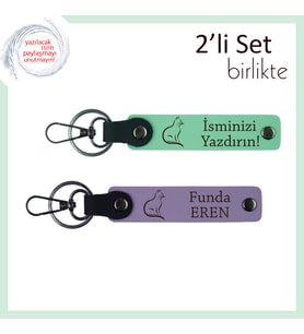 Mırlayan Kalpler İçin Tasarlandı, Kedi Temalı, Kişisel 2’li Anahtarlık, Açık Yeşil-Mor Menekşe