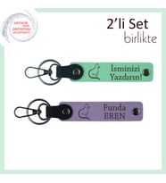 Mırlayan Kalpler İçin Tasarlandı, Kedi Temalı, Kişisel 2’li Anahtarlık, Açık Yeşil-Mor Menekşe