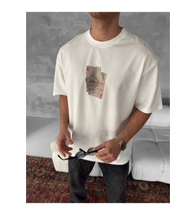 Erkek Ön Ve Arka Baskılı Oversize Bisiklet Yaka T-shirt - Beyaz