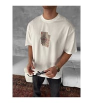 Erkek Ön Ve Arka Baskılı Oversize Bisiklet Yaka T-shirt - Beyaz