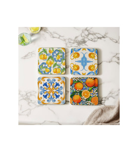 Atölye Akdeniz Motifli Limon ve Portakal Desenli Bardak Altlığı 4’lü Set Ahşap (10x10 cm)