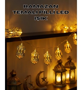 Pilli Ramazan Işıkları Altın Renk Fener Figürlü Led Süsleme
