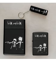 Rick Fiction Desenli Kişiye Özel İsimli Çakmak,Metal Tabaka ve Anahtarlık Seti - 3'lü Hediye Set (Siyah)