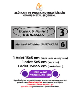 GÜMÜŞ METAL KAPI İSİMLİĞİ SETİ 3'LÜ - KAPI İSİMLİĞİ, KAPI NUMARASI, POSTA KUTUSU İSİMLİĞİ