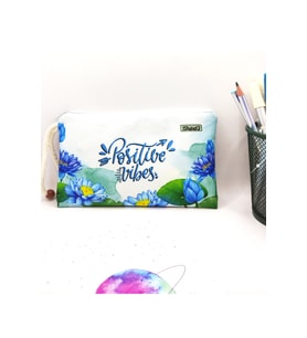 Positive Lotus Çiçeği Kalem Kutusu Yıkanabilir Bez Kalemlik (Mavi)