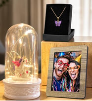 Kişiye Özel Fotoğraflı LED Işıklı Unicornlu Fanus ve Kelebek Kolye Hediye Seti