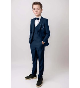 Erkek Çocuk Blazer Ceketli, Cepken Yelekli Lacivert Takım Elbise 10-16 Yaş