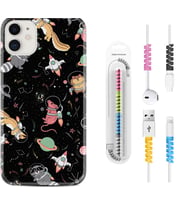 Apple iPhone 11 12 13 Mini Kılıf Kablo Koruma Spiral Silikon Planet Animals 1771